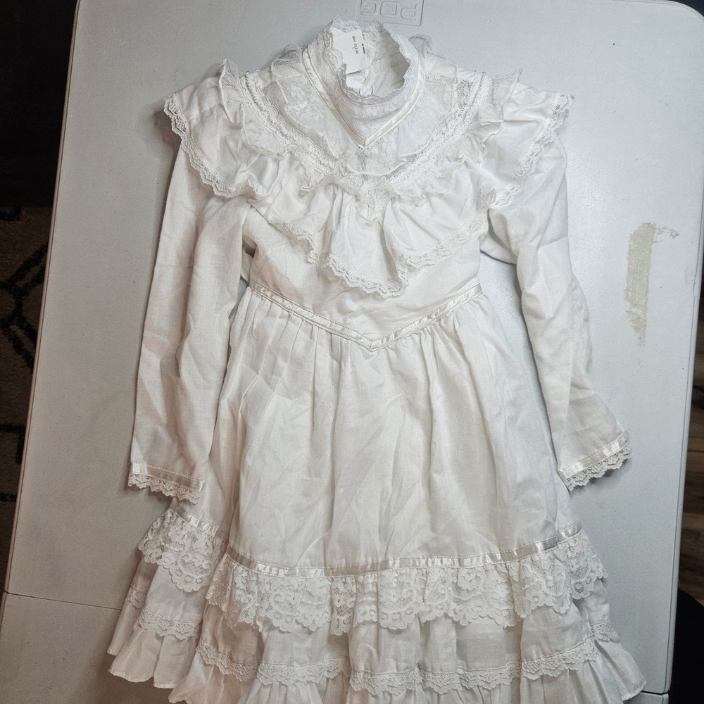 Vintage Gunne Sax Jessica McClintock White Lace Prairie Dress Pearl Trim Size 4